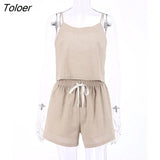 Khaki Summer Shorts Sets 2 Pieces Casual Cotton Linen Strap Camisole Thin Elastic Waist Lace Up Wide Shorts Women
