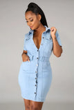 Casual Pockets With Button Open Short Sleeve Jeans Midi