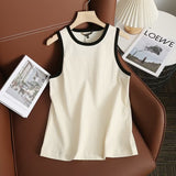 New Rice-White Sleeveless Spliced Slim Lady's Bottomed Vest T-Shirt-Outfit