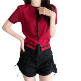Fragrant Neckline With Black Thin Knitted Short-Sleeved T-Shirt For Women 2025 New Summer Short Ice Silk