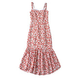 Retro French style Summer Cherry Print Midi Sling Dress Sexy Women Spliced Lace V neck Ruffles Hem Package Hips Long Robe-Outfit