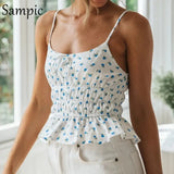 2021 Floral Print Spring Summer Beach Women Boho Tank Tops Ruched Strap Sleeveless Ruffles Crop Tops Mini Skinny