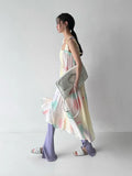 Tie Dye Colorblock Sling Dress For Women Square Collar Sleeveless Loose Midi Dresses Female Summer Clothing