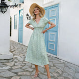 Party Women floral print dress Elegant women puff sleeve a line v neck sash dress High waist work wear office lady dress