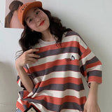Fashion Hip Hop Women T-Shirt Loose Summer Oversize Striped Funny Female Tops Tees Purple Funny Japan Harajuku T Shirt