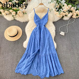 Summer Beach Hollow Out Long Dress Sexy Women V-Neck High Waist Single Breasted A-Line Big Swing Vestidos 2022 New