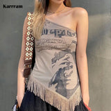 Grunge Print Tank Tops Vintage Irregular Patchwork Camisole Korean Fashion Tassel Design Tops 90s Punk Style Vest