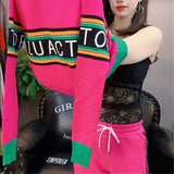 Autumn Winter Letter Spliced Sweaters Stylish Contrasting Colors Casual Turtleneck Straight Knitted Jumpers Female