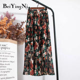 Summer Chiffon Beach Boho Maxi Women Skirt High Waist Floral Print Vintage Holiday Ruched Long Fashion Skirts