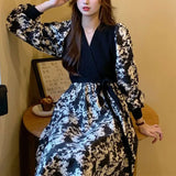 Two Pieces Broken Flowers Patchwork Dresses Female Clothing Elegant V-Neck Spring Autumn Fashion Drawstring Bow Midi