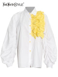 Patchwork Pleated Blouse Shirts For Female Lapel Collar Lantern Long Sleeve Colorblock Women's Casual Shirt