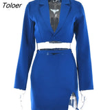 Blazer Two Piece Sexy Deep V Neck Long Sleeve Cropped Blazer + Skirt Spring Autum Office Lady Bandages Matching
