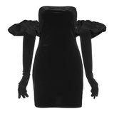 Fashion Strapless Tube Mini Dress Women 2021 Fall Winter Solid High Waist Slim Puff Sleeves Elegant With Gloves Party
