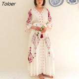 Embroidered Women Maxi Dress V-Neck Batwing Sleeve Loose Oversize Summer Dresses Drawstring Waist Boho Beach