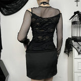 Autumn New Personality Women's Wear Dark Wind Hot Girl Sexy Slim Grid Hole Long-Sleeved Top Girl-Outfit