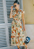 Printed Sweet V-neck Short Sleeves Floral Print Long