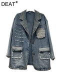 Women Denim Blazers Patchwork Notched Collar Pearls Diamond Embroidered Flares Suit Jackets 2024 Summer New Fashion 29L6434-Outfit