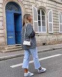 Autumn Winter Blue Geometric Plaid Print V Collar Quilted Coat Ethnic Women Long Sleeve Oversized Jackets Loose Outwear-Outfit
