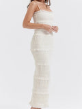 Y2K Ruched Sleeveless Strap Long Sling Dress for Women Ruffles Square Neck Low Cut Back Split Dresses Female Vestidos-Outfit