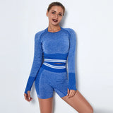 Seamless Women Set Bra Shorts Workout Sportswear Gym Clothing Fitness Long Sleeve Crop Top High Waist Leggings Sports