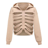 Women's Y2K Goth Cutout Zip-up Sweatshirt Grunge Long Sleeve Punk Harajuku Unisex Hooded Skeleton Hollow Pullovers-Outfit
