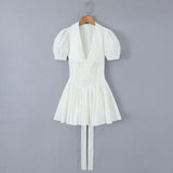 Sexy White Lapel Collar Low Chest Corset Style Mini Dress Short Puff Sleeve Women Tie Bow Sashes Ruched Pleated Hem Robe-Outfit