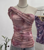 Net Yarn Printed Slanted Shoulder Sling Vest Retro Design Folding Temperament Short Blouse