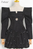 Black Elegant Lace Up Cut Out Dress For Women Square Collar Long Sleeve Casual Mini Dresses Female 2023 Style New