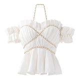 Casual Ruched Shirt For Women Slash Neck Puff Short Sleeve Patchwork Chain Slim Blouses Female Summer Fashion