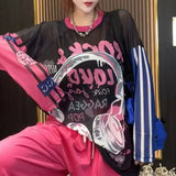 Cartoon Letter Printed Pullovers Casual Loose Summer Thin Round Neck Women's Clothing Fashion Spliced Basic Gauze