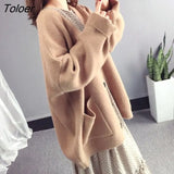 Women Autumn Solid Thicker Warm V-neck Pockets Loose Womens Sweater Ins Simple All-match Knit Tops 4-colors Korean