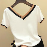 Women Blouse 2021 V-Neck Contrast Color Striped Top Tops Clothes Knitted Short Sleeve Shirt Femme Camisetas Mujer