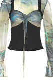 Fairy Grunge Flare Long Sleeve Crop Tops Y2k Style Square Neck Print Mesh Shirts 90s Vintage Aesthetic Clothes