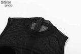 Sisterlinda Sexy See Through Mesh Patchwork Rompers Women Sleeveless Elastic Workout Velvet Overalls Activity Midnight