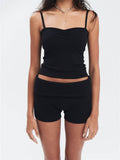Knitted Ribbed 2 Piece Set Women Outfits Sleeveless Ruched Strap Camis Slim Fit Tank Tops Low Waist Shorts Streetwear-Outfit