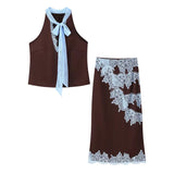Women's Clothing 2025 Spring New Silk-Sense Texture Spliced Tight Body Clothes + Open-Fork Splicing Skirt