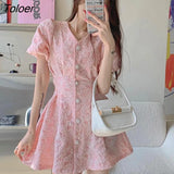 Women Mini Vestidos Romance Backless Chic Tunic Fashion Femme Sweet Summer Holiday French Style Single Breasted