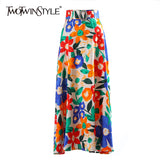 Print Casual Skirt For Women High Waist Pleated Hit Color Ankle Length Skirts Female Summer Clothing 2021 New
