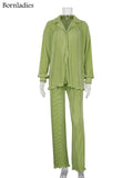 Causal Loose Home Suit Long Sleeve Blouse With High Wasit Pants Set Women Elegant Pleated Beige 2 Piece Pant