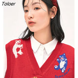 Women Knit Vest 2022 Autumn Sleeveless V Neck Loose Sweaters 3D Bear Jacquard Red Casual Chic