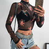 Women T Shirt See Through Transparent Mesh Tops Long Sleeve Sheer Slim Ladies Turtleneck T-Shirt New Arrival Women tshirt-Outfit