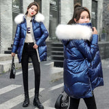 Jacket Women 2021 Female Parka Coat Mid Long Overcoat Hooded Warm Hooded Artificial fur collar Shiny Down Cotton