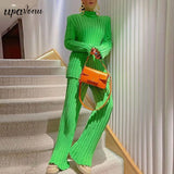 Free Shipping Cotton Casual Women Knitted Two Piece Sets Women's Slim Outfits Striped Turtleneck Sweater And Elastic Pant