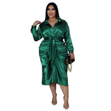 Plus Size Dresses Women Solid Long Sleeve Bandage Draped Pleaped Sleeve Button Dress Office Lady Wholesale
