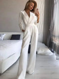 Long Sleeve Summer Jumpsuit Women V Neck Casual Straight Pant Jumpsuit Fashion Office Lady Jumpsuit Women Solid-Outfit