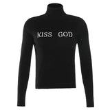 Letter Print Harajuku Turtleneck Knitted Sweater Autumn Long Sleeve Pullover Knitwear Korean Casual Jumper