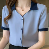 Blouses Top Femme Short Sleeve Chiffon Blouse Shirt Blouse Women Blusas Mujer De Moda 2021 Verano V-Neck Tops Women