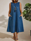 Plus-Size Women's Commuting Round Collar Solid Color Sleeveless Pocket