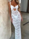 Women Summer V-neck Long Dress Sleeveless Strap Backless Mesh See Through Lace Floral Hollow Out Party Dress 2024 New-Outfit