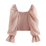 Women Sweet Fashion Patchwork Organza Knitted Blouses Vintage See Through Sleeve Stretch Female Shirts Chic